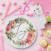 Roze Bloemen & Pine Krans | Joy Christmas Party Papieren Bordje (Feest)