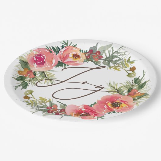 Roze Bloemen & Pine Krans | Joy Christmas Party Papieren Bordje (Gekanteld)