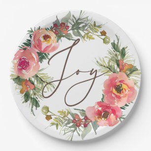 Roze Bloemen & Pine Krans   Joy Christmas Party Papieren Bordje
