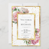 Roze Bloemen Pioen Elegant Goud Bruiloft Kaart (Voorkant)