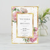 Roze Bloemen Pioen Elegant Goud Bruiloft Kaart (Staand voorkant)