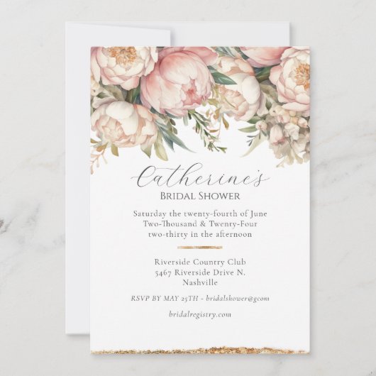 Roze Bloemen Pioen Groene Bruids Douche Uitnodigin Kaart (Voorkant)