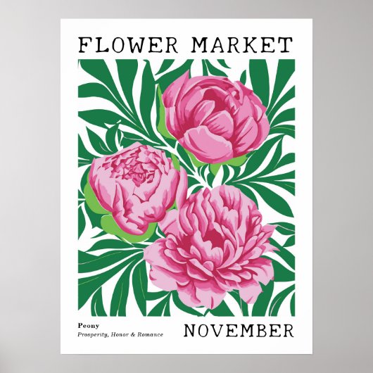 Roze Bloemen Pioen November Geboorte Bloem Markt Poster (Voorkant)