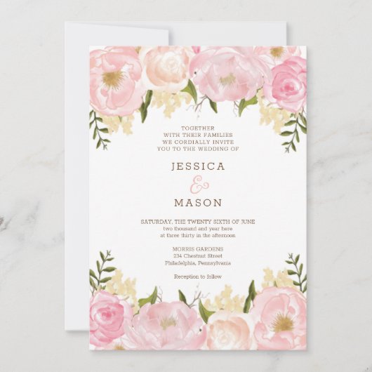 Roze Bloemen Pioenen Huwelijksuitnodiging Kaart (Voorkant)