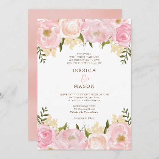 Roze Bloemen Pioenen Huwelijksuitnodiging Kaart (Voorkant / Achterkant)