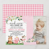 Roze Bloemen Plaid Boerderij Foto 1e Verjaardag Kaart (Voorkant / Achterkant)