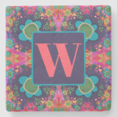Roze Bloemen Plezier Patroon  Aangepast Initiaal Stenen Onderzetter (Voorkant)
