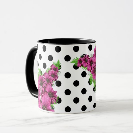  roze bloemen Polka Dot Mok (Voorkant links)