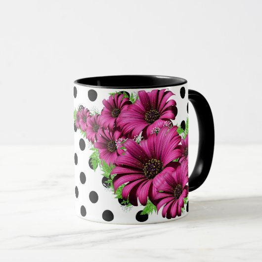 roze bloemen Polka Dot Mok (Voorkant rechts)
