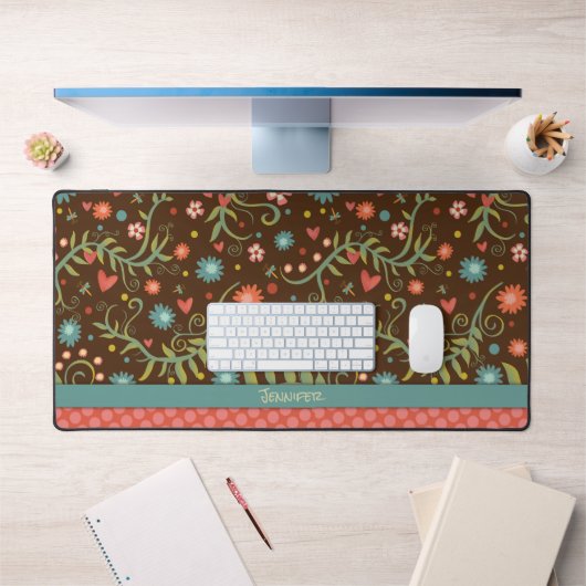 Roze Bloemen Polka Dot Patroon Boho Naam Quote Bureaumat (Kantoor 1)