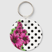 roze bloemen Polka Dot Sleutelhanger (Voorkant)