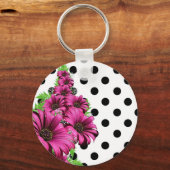 roze bloemen Polka Dot Sleutelhanger (Voorkant)