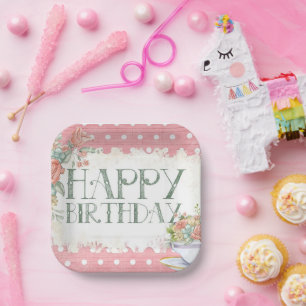 Roze Bloemen Polka Dot Verjaardag Plein Party Bord