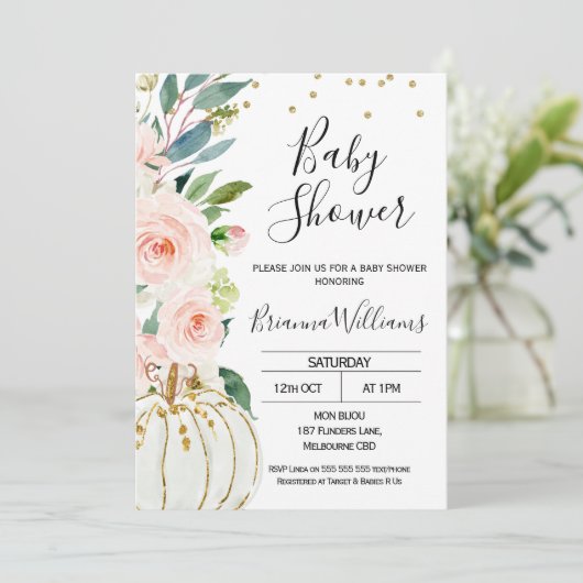 Roze Bloemen Pompoen Baby shower Uitnodiging (Staand voorkant)