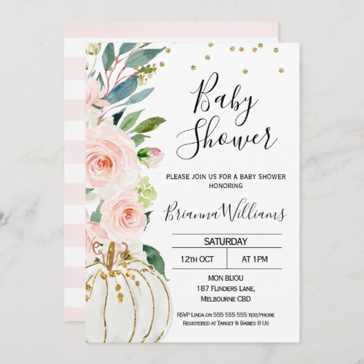 Roze Bloemen Pompoen Baby shower Uitnodiging (Voorkant / Achterkant)