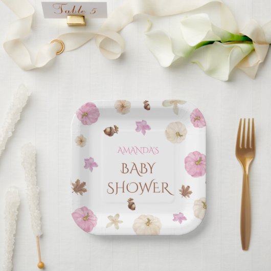 Roze Bloemen Pompoen Herfst Boho Baby shower Papieren Bordje (Huwelijk)