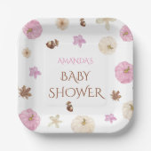 Roze Bloemen Pompoen Herfst Boho Baby shower Papieren Bordje (Voorkant)
