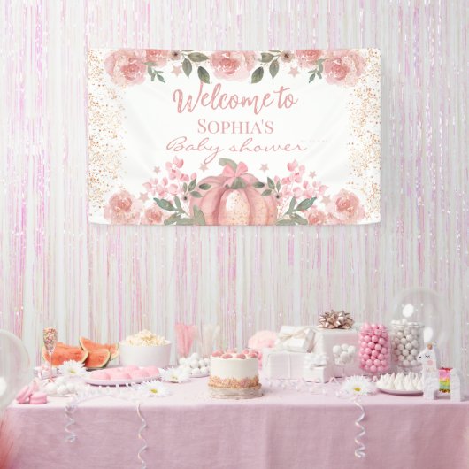 Roze Bloemen Pompoen Meisje Baby shower Banner (Feest)