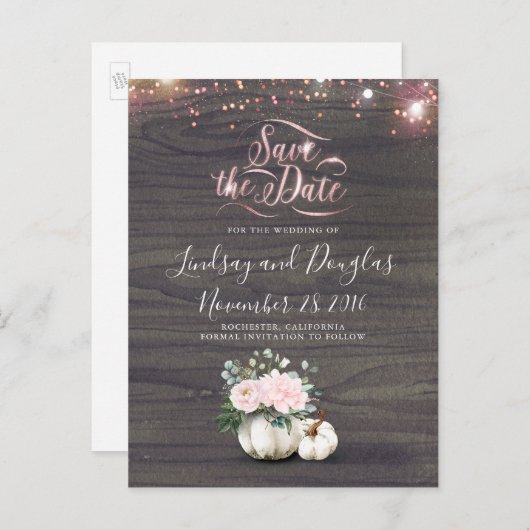 Roze Bloemen Pompoen Rustieke Herfst Save the Date Aankondigingskaart (Voorkant / Achterkant)