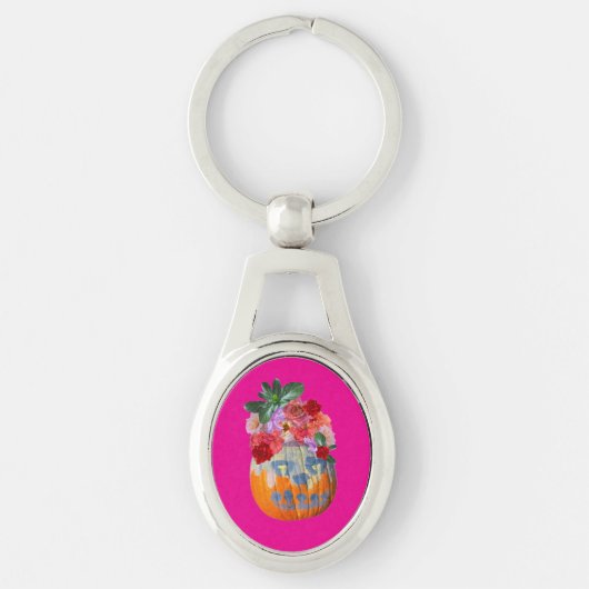 Roze Bloemen Pompoen Sleutelhanger (Voorkant)