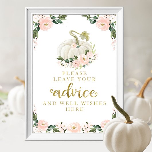 Roze bloemen pompoenen Baby shower Advice Sign Poster
