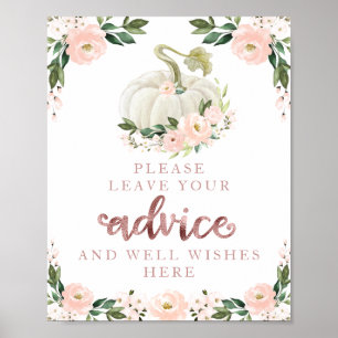 Roze bloemen pompoenen Baby shower Advice Sign Poster