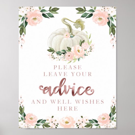 Roze bloemen pompoenen Baby shower Advice Sign Poster (Voorkant)