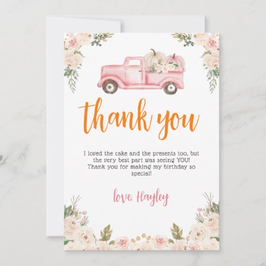 Roze Bloemen Pompoenen Oogst Truck Dank u kaart (Voorkant)