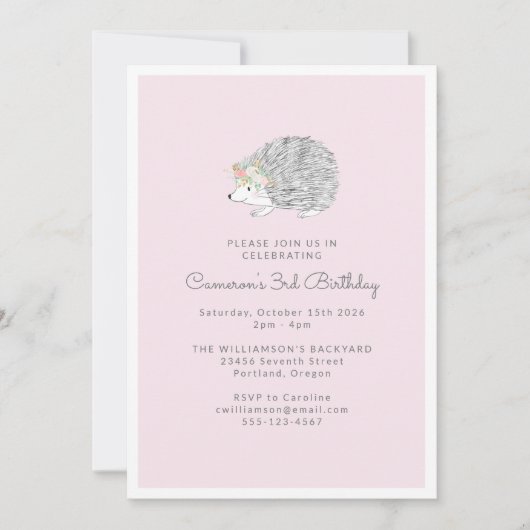 Roze Bloemen Porcupine Schattige 3e Verjaardagsfee Kaart (Voorkant)