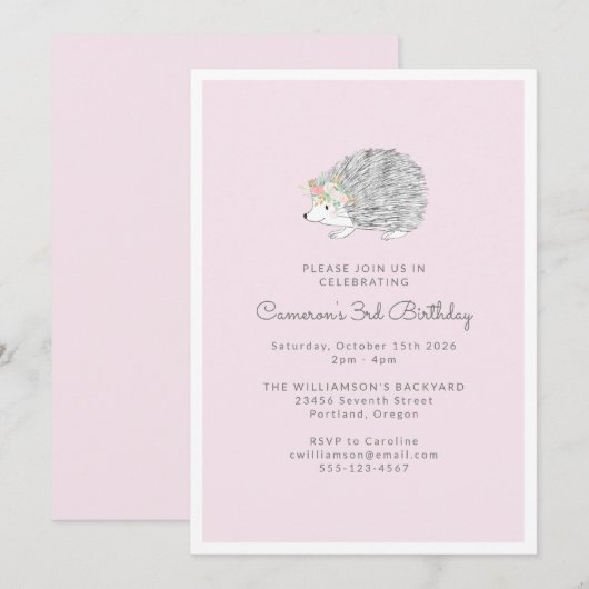 Roze Bloemen Porcupine Schattige 3e Verjaardagsfee Kaart (Voorkant / Achterkant)