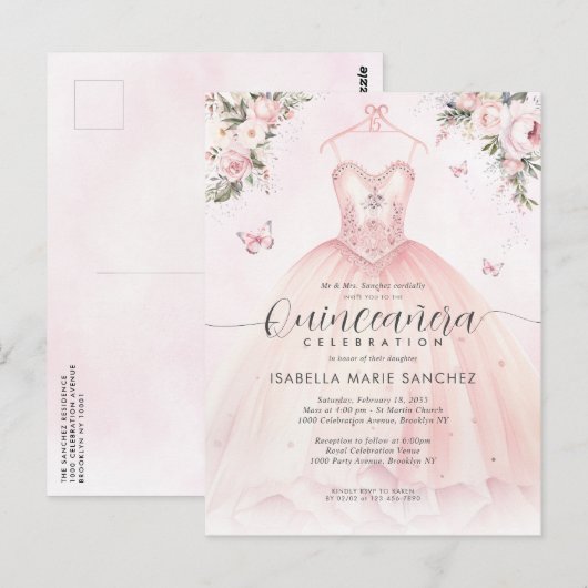 Roze Bloemen Prinses Gown Quinceanera Verjaardag Briefkaart (Voorkant / Achterkant)