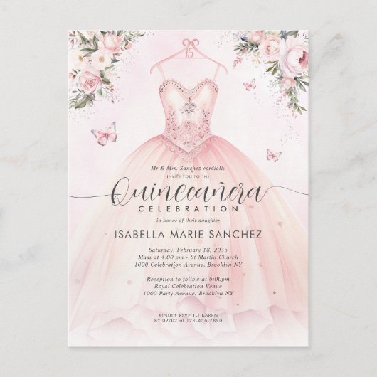 Roze Bloemen Prinses Gown Quinceanera Verjaardag Briefkaart (Voorkant)