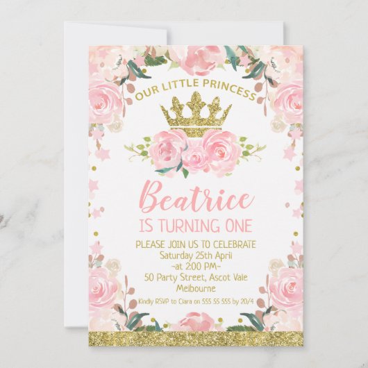 Roze Bloemen Prinses Kroon 1e verjaardag Uitnodigi Kaart (Voorkant)