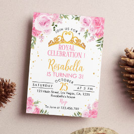 Roze Bloemen Prinses Kroon Verjaardag Uitnodiging