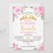 Roze Bloemen Prinses Kroon Verjaardag Uitnodiging (Voorkant)
