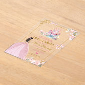 Roze Bloemen Prinses Royal Castle Gold Quinceañera Acryl Uitnodigingen (Laagn)