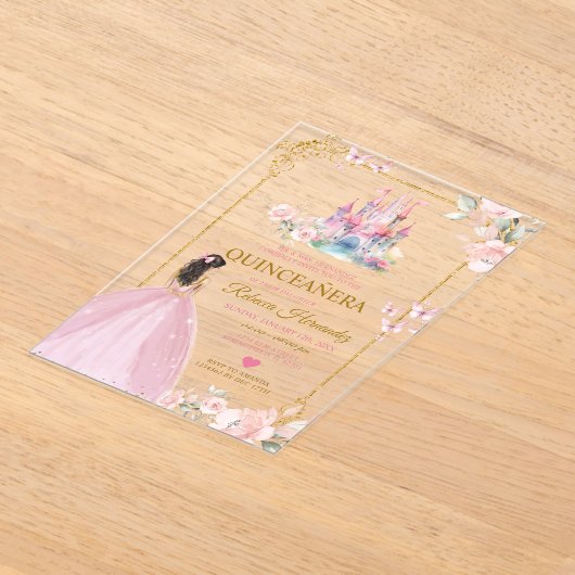 Roze Bloemen Prinses Royal Castle Gold Quinceañera Acryl Uitnodigingen (Laagn)