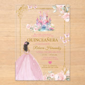 Roze Bloemen Prinses Royal Castle Gold Quinceañera Acryl Uitnodigingen (Voorkant)
