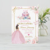 Roze Bloemen Prinses Royal Castle Gold Quinceañera Kaart (Staand voorkant)