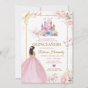 Roze Bloemen Prinses Royal Castle Gold Quinceañera Kaart