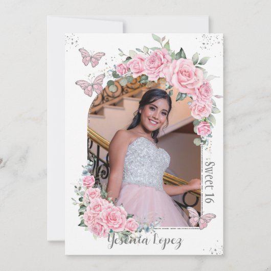 Roze Bloemen Prinses Vlinders Foto Zoet 16 Kaart (Voorkant)