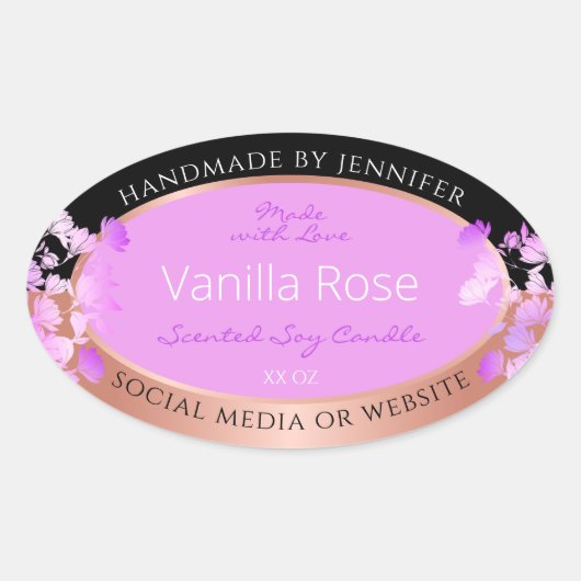 Roze Bloemen Product Labels Zwart en Roos Goud (Voorkant)