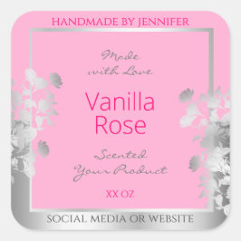 Roze Bloemen Product Verpakkingsetiketten Zilver L Vierkante Sticker