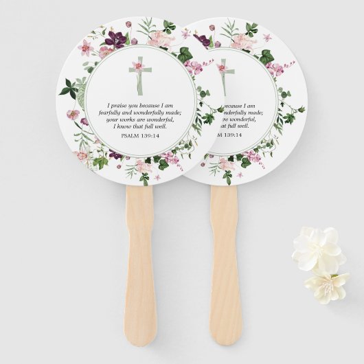 Roze Bloemen Psalm 139:14 Handwaaier (Voorkant en achterkant)