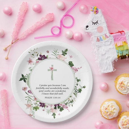 Roze Bloemen Psalm 139:14 Papieren Bordje (Feest)