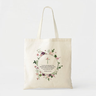 Roze Bloemen Psalm 139:14 Tote Bag