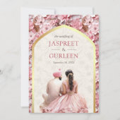 Roze Bloemen Punjabi Anand Karaj Sikh Bruiloft Kaart (Voorkant)