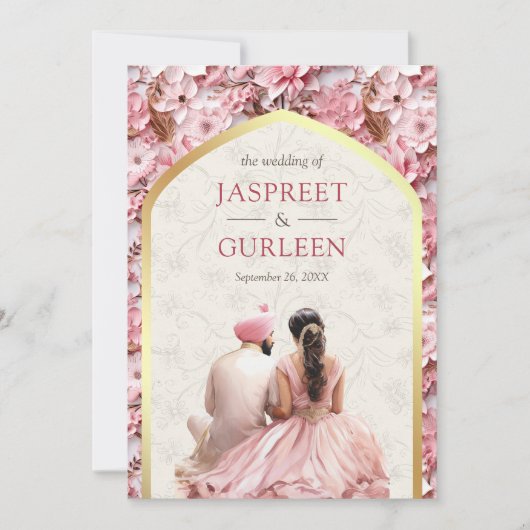 Roze Bloemen Punjabi Anand Karaj Sikh Bruiloft Kaart (Voorkant)