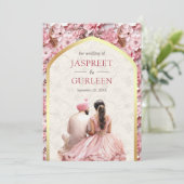 Roze Bloemen Punjabi Anand Karaj Sikh Bruiloft Kaart (Staand voorkant)