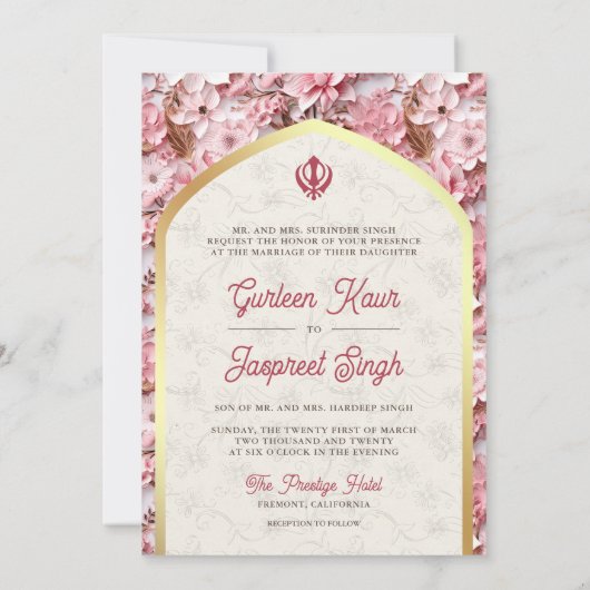 Roze Bloemen Punjabi Anand Karaj Sikh Bruiloft Kaart (Achterkant)
